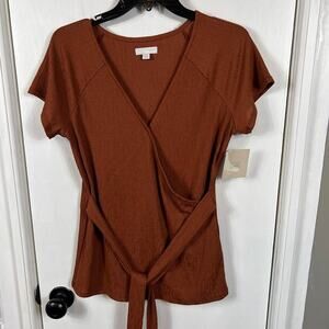 14th & Union Rust Sequoia Textured Shortsleeve Faux Wrap Top
